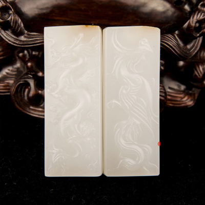 新疆和田玉红皮羊脂白玉籽玉 龙凤呈祥对牌