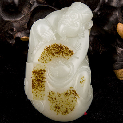 新疆和田玉红皮一级白玉籽玉把件 天官赐福