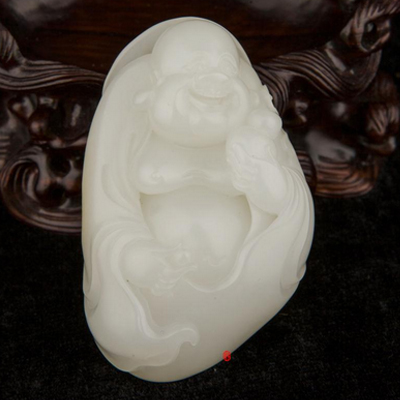 新疆和田玉黄皮一级白玉籽玉把件 弥勒佛 75克