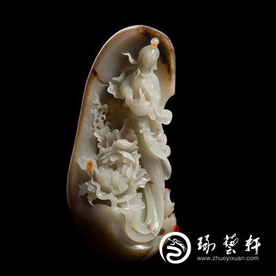 穆宇静作品 新疆和田玉秋梨皮白玉籽玉摆件 麻姑献寿 855克