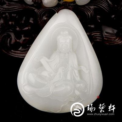 新疆和田玉白皮羊脂白玉籽玉挂件（独籽） 观音 76克