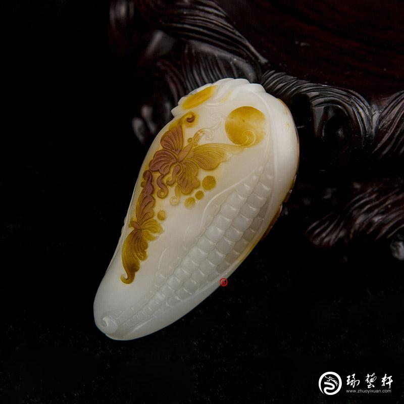 【琢藝軒】新疆和田玉紅沁白玉籽玉掛件 蝶戀花 18克