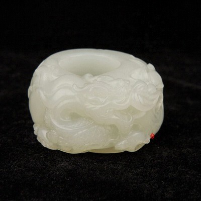 穆宇靜作品 新疆和田玉黃皮白玉籽玉扳指  祥龍扳指  109克