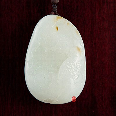 新疆和田玉黃皮羊脂白玉籽玉把件 鴛鴦戲水（獨籽） 74克