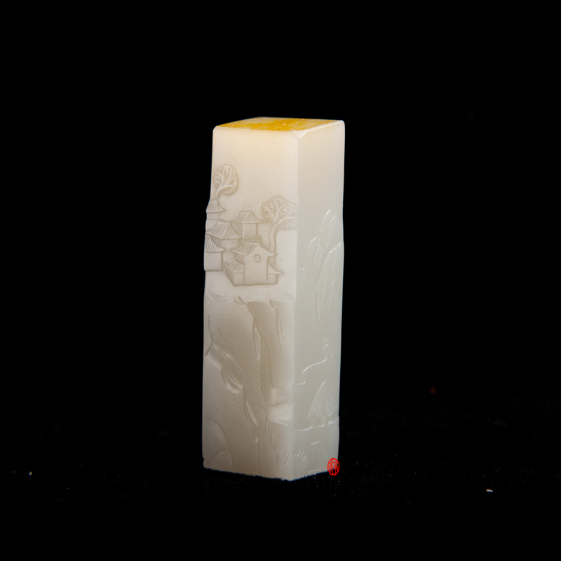 新疆和田玉黃皮白玉籽玉把件 江南水鄉(xiāng) 印章 55克