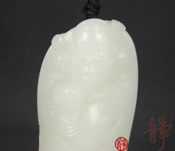 【琢藝軒】新疆和田玉黃皮白玉籽玉把件 財(cái)神 88克