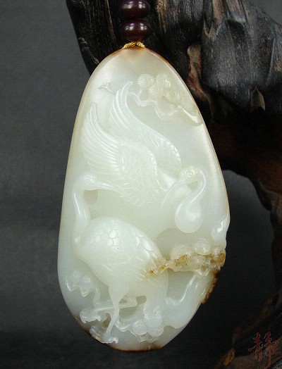 【琢藝軒】新疆和田玉黑皮白玉籽玉把件 松鶴獻(xiàn)壽 114克